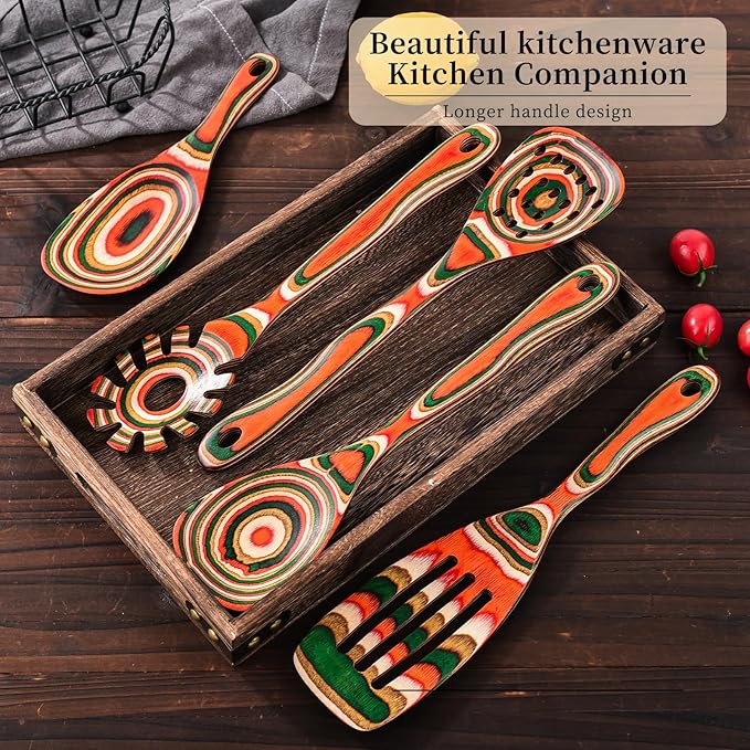 Gudamaye Pakkawood 7-Piece Red Wooden Cooking Utensils, Wooden Spoons for Cooking,Wooden Spoon Set, Wooden Kitchen Utensil set, Pakkawood kitchen Utensils for Serving, Bridal Shower Gifts