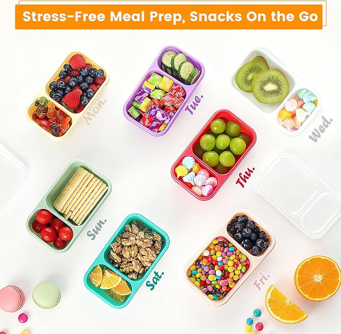 8 Pack Wheat Straw Snack Containers with Lids, 2-Compartment Reusable Bento Boxes for Meal Prep, Travel, Camping, and On-the-Go Snacks, Leak-Proof & Dishwasher Safe (8 Colors)