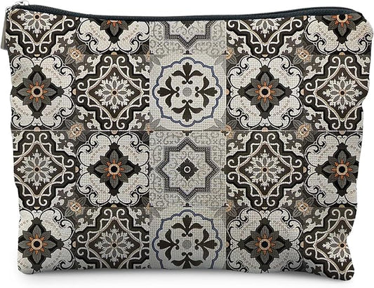 Vintage Boho Block Print Makeup Bag, Ethnic Moroccan and Mediterranean Tile Cosmetic Bags for Women, Mexican Gifts for Women, Boho Traditional Mandala Zipper Makeup Pouch