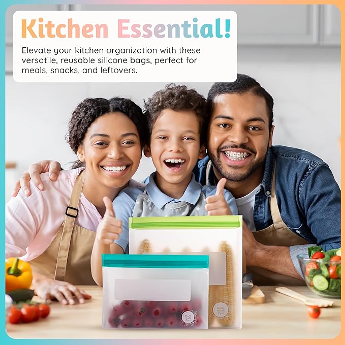Reusable Food Storage Bags – 10-Pack Stand-Up, BPA-Free, Freezer, Dishwasher Safe, & Eco-Friendly– 5 L, 5 M Bags – Airtight Leakproof Sandwich, Snack, Travel & Make-Up baggies (Multicolor)