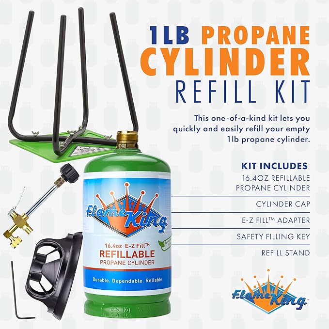 Flame King Refillable 1LB Empty Propane Cylinder Tank with Refill Kit and CGA600 Connection - Reusable, Safe and Legal Refill Option, DOT Compliant