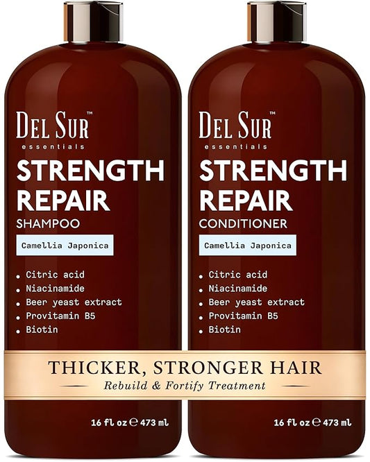 DEL SUR Hair Strengthening Shampoo and Conditioner Set | 16 fl oz Each | with Camellia Japonica, Niacinamide, Provitamin B5 & Biotin | Repair & Hydration for Dry, Weak Hair