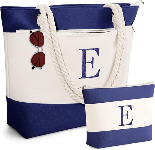 YOOLIFE Christmas Gifts for Women - Personalized Initial Canvas Beach Bags for Women Gifts for Mom Teacher Friend Birthday