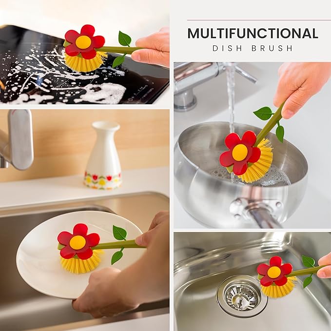 Vigar Flower Power Dish Brush with Vase Brush Holder, Dish Brush with Handle for Pot Scrubber, Dishes, Sink, and Kitchen Essentials, White, Red