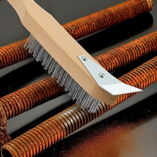 MAXMAN Stainless Steel Wire Scratch Brush, 12 Inch Wooden Handle Wire Brush with Metal Scraper, Heavy Duty Wire Brushes for Cleaning Rust, Paint Scrubbing, Dust and Other Hard Surfaces 2 Pieces