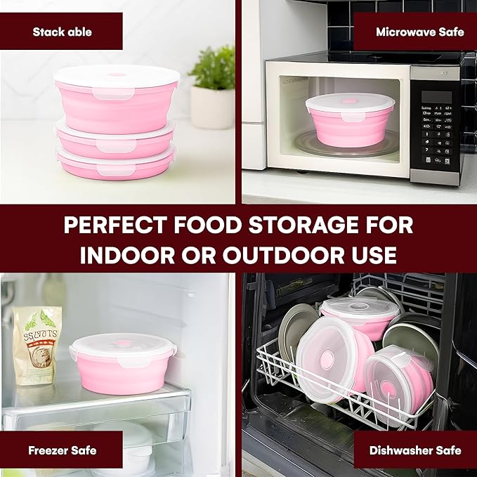 Vdomus Collapsible Food Storage Containers - Leak Proof, Microwave Safe - 40.5oz/1.2L Airtight Silicone Food Containers - Meal Prep Collapsible Bowls with Lids - Set of 3 - Pink