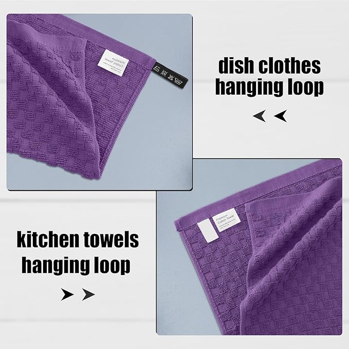 Fintale 100% Cotton Kitchen Towels and Dishcloths Set, 12 x 12 & 15 x 25 Inches, Set of 8 Bulk Super Soft and Absorbent Terry Cloth Dish Towels, Quick Drying Hand Towels with Hanging Loop, Purple