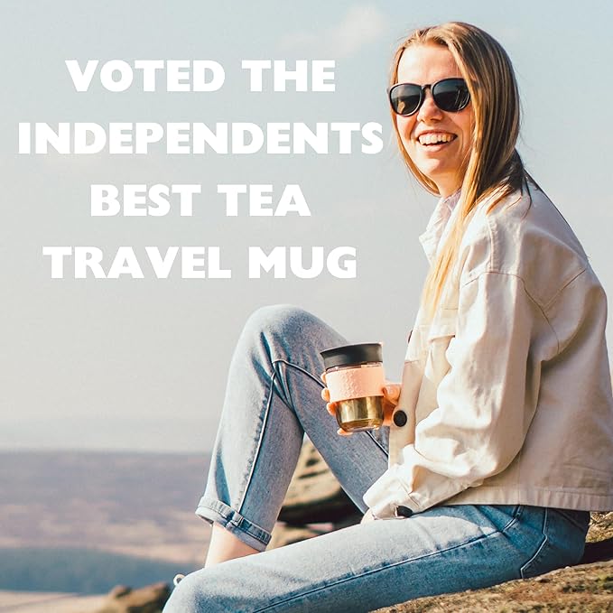 Travel Mug Loose Tea Infuser - Detachable Tea Strainer with Spillproof Lid - BPA-Free Reusable Glass Travel Coffee Cup with Silicone Band (Pink, 12oz)