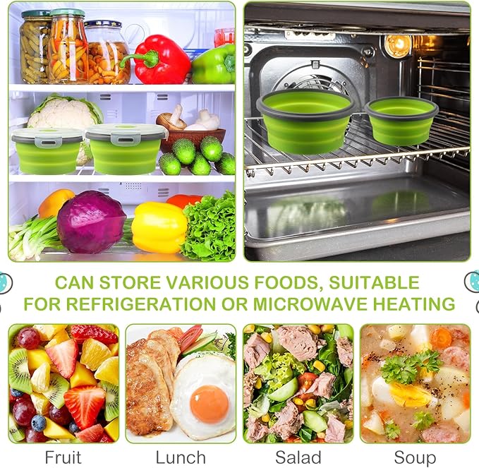 Suclain 4 Pcs Collapsible Bowls with Lids Silicone Camping Food Storage Container Expandable Folding Salad Lunch Box Travel Container for Hiking Camping(Green,12, 17, 27, 41 oz)