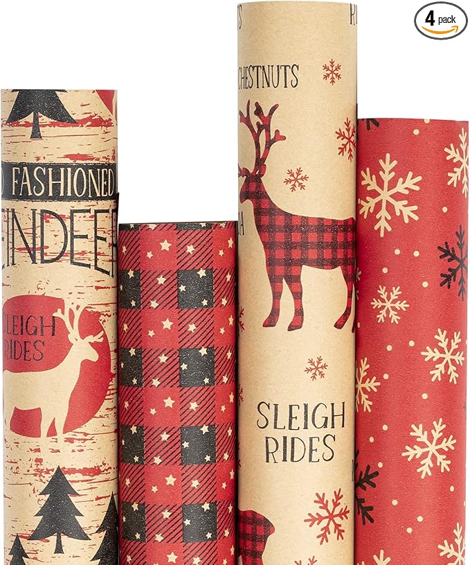 RUSPEPA Christmas Wrapping Paper, Kraft Paper - Red and Black Christmas Designs - 4 Rolls - 30 inches x 10 feet per Roll