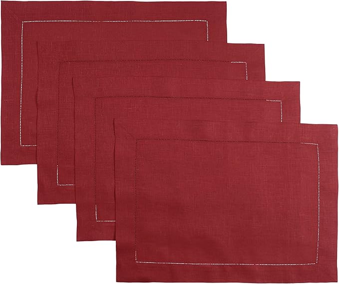 D'Moksha Homes Red Linen Placemats Set of 4 - Classic Hemstitch Placemats 14 x 19 Inch - 100% Pure Linen Table Mats for Winter, Christmas, Holiday - Handcrafted and Machine Washable