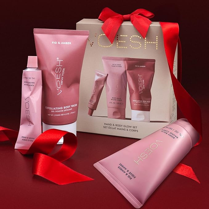 VOESH Hand & Body Glow Holiday Gift Set - 3-Piece Gift Set for Radiant Skin - Exfoliating Body Wash, Body Balm & Hand Balm - Vegan K-Beauty Korean Skincare - Fig & Amber Scent