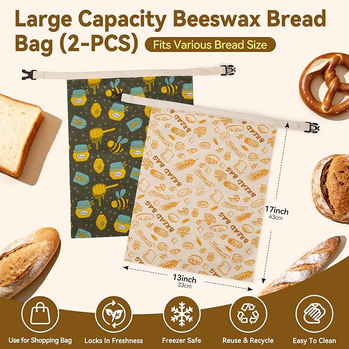2 Pack Beeswax Bread Bags for Sourdough Homemade Bread, Reusable Natural Organic Linen, Food Storage Cloth Bag, Large Capacity Portable, Freezer-Friendly, Freshness Preservation
