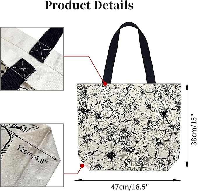 Large Tote Bag for Women, Floral Grocery Tote with Snap Thick Canvas Both Side Pattern, Gift Daily Use Shopping Travel Picnic
