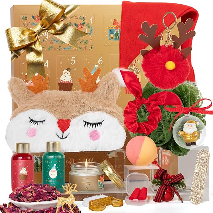 Advent Calendar 2025 Christmas Gifts for Women Mom - Luxury Gift Box with Brooch and Cute Sleeping Mask, Bath and Body Gift for Sister, Girlfriend, Wife, Mom｜Spa Set Bath Gift Idea for Female Friends