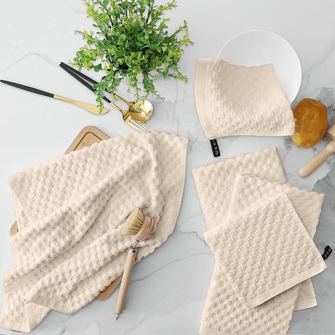 Fintale 100% Cotton Kitchen Towels and Dishcloths Set, 12 x 12 & 15 x 25 Inches, Set of 12 Bulk Super Soft and Absorbent Terry Cloth Dish Towels, Quick Drying Hand Towels with Hanging Loop, Beige