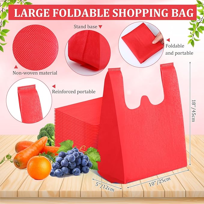 Windyun Reusable Grocery T Shirt Bags Bulk Small Non Woven Shopping Bag 10 x 18 x 5 Inch Foldable Tote with Handle Party Gift