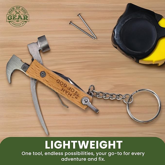 5-in-1 Hammer Keychain Multi-Tool - Laser-Engraved Man of God, 1 Tim 6:11 Scripture - Multitool Keychain Pliers with Blade, Opener, Nail Pry & More - Christian Pocket Tools For Men