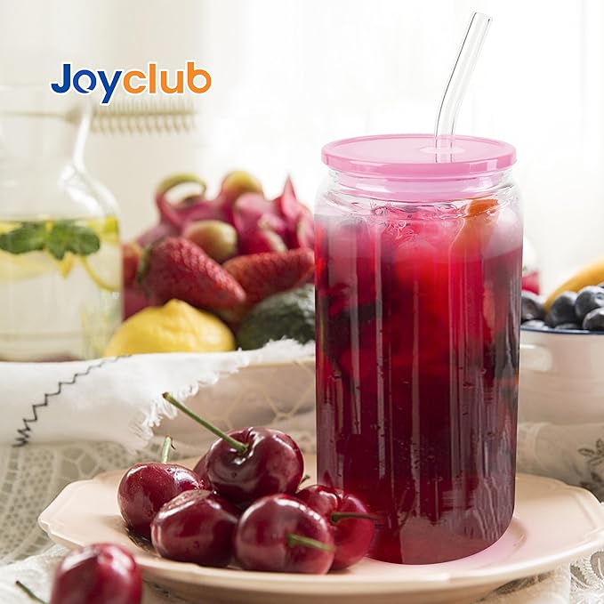 Joyclub 4 Pack Acrylic Lids for 16 oz Glass Cups with Bamboo Lids and Straws Reusable Iced Coffee Cup Beer Can Drinking Glasses for Smoothie Whiskey Boba Soda Tea Gift (Pink)