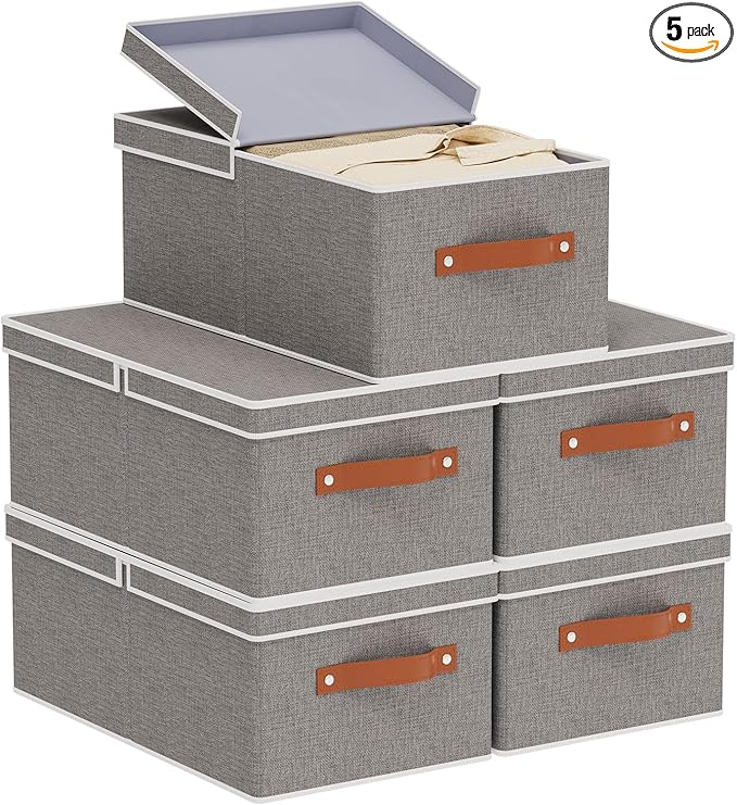 5-Pack Storage Boxes, Foldable Blanket Basket with Detachable Lid, Linen Closet 0rganizers with Double Handles, Collapsible Cubes for Organizing, Grey, 16.1 x 9.8 x 6.5 inch
