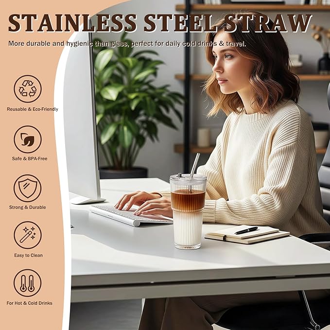 4 Packs Ribbed Glass Tumbler with Lid and Straw 16 oz Vintage Ice Coffee Cup Set Bulk Simple Modern for Smoothie Juice Matcha Tea Water Slushie Home Clear Hot Drink Glasses Boba Kitchen Glassware