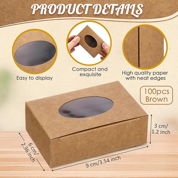 TaoBary 100 Pcs Soap Boxes for Homemade, 3 x 3 x 1.2 Inch Small Paper Gift Packaging Boxes with Window, Gift Wrappers for Soap Packaging Making Party Favor(Oval,Kraft)