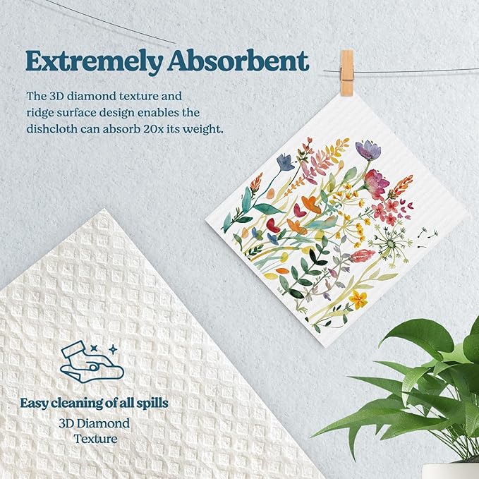Swedish Dishcloths for Kitchen, Summer Wildflower Dish Rags Floral Kitchen Dish Towels for Washing Dishes, 4 Pack Reusable Paper Towels, Sponge Cloths for Home Cleaning Cooking Baking