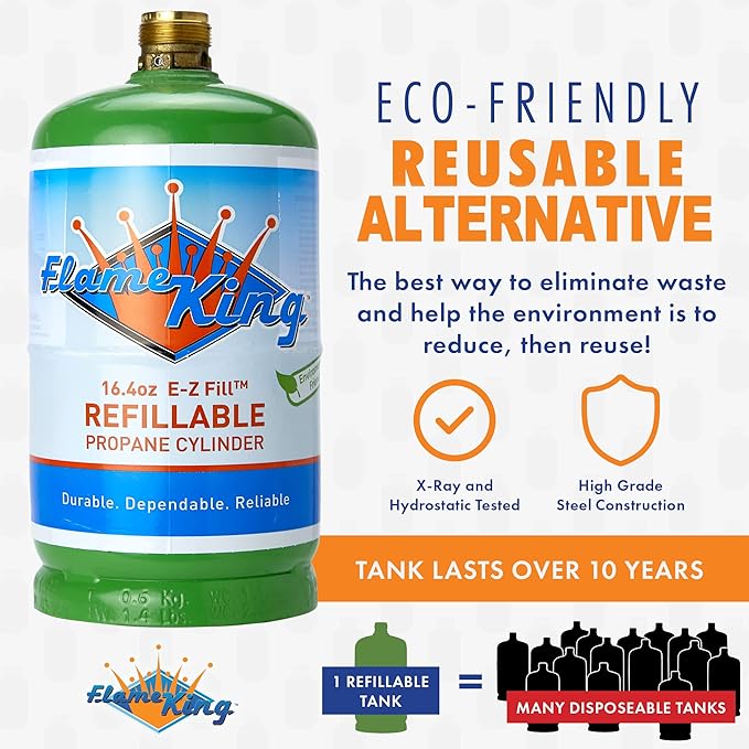 Flame King Refillable 1LB Empty Propane Cylinder Tank - Reusable - Safe and Legal Refill Option - DOT Compliant - 16.4 oz, Green