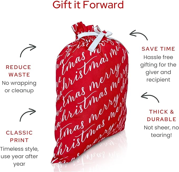 Gather & Knot Drawstring Christmas Gift Bags | 20" Large 16" Medium | Premium Canvas | Reusable Fabric Wrap for Holidays | Mix & Match | Red Merry Christmas