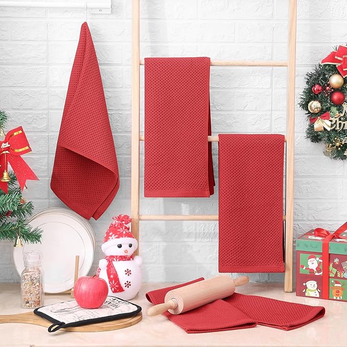 Homaxy 100% Cotton Waffle Weave Kitchen Dish Towels, Ultra Soft Absorbent Quick Drying Cleaning Towel, 13 x 28 Inches, 6-Pack, Brick Red