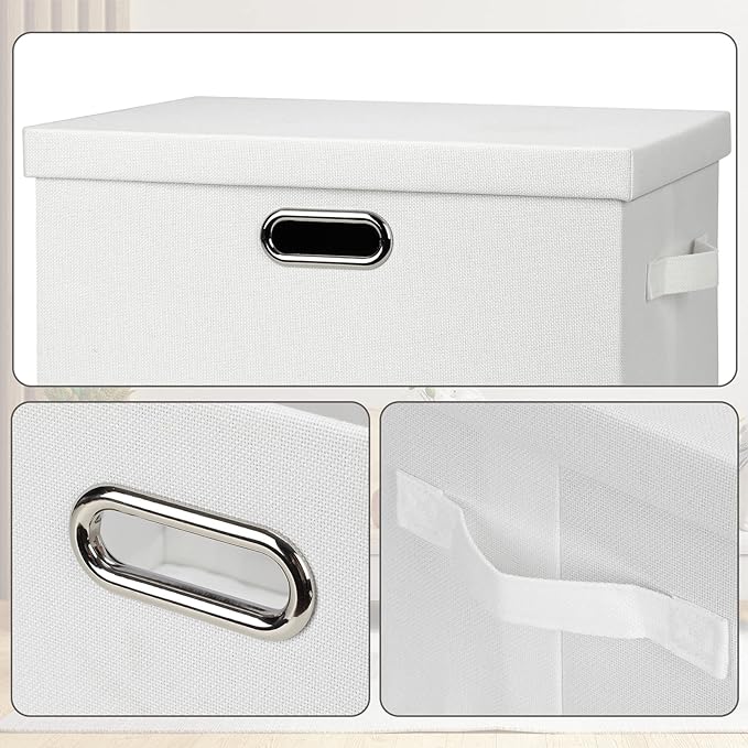 Large 17" 36 Quart Collapsible Stackable Storage Bins with Lids, 5 Packs White Linen Fabric Closet Boxes with Lids, Storage Cube Baskets Container Organizers for Bedroom Office(17 x12 x11)
