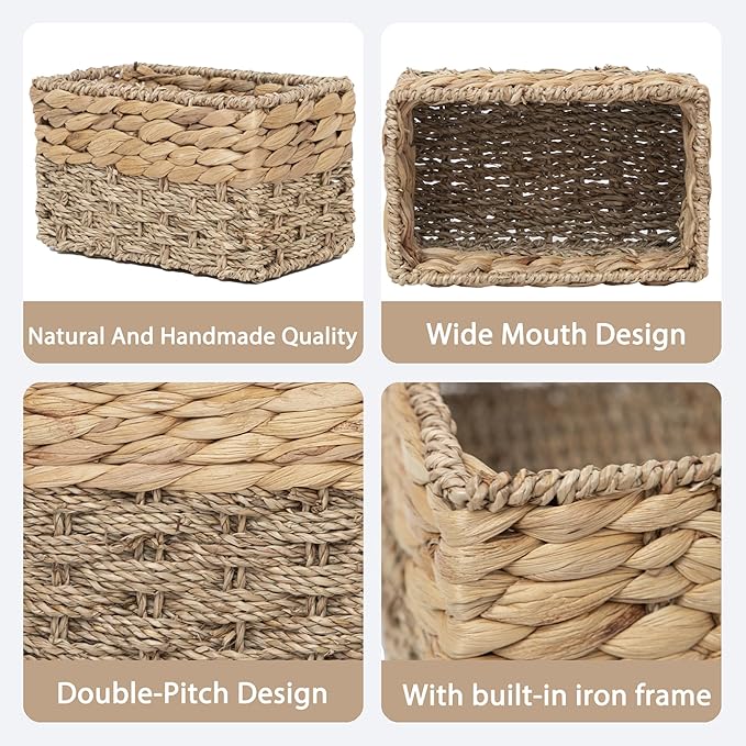 Handmade Water Hyacinth Storage Basket, Woven Basket Organizer with Inner Handles for Home & Office Decor (Small-2PCS)