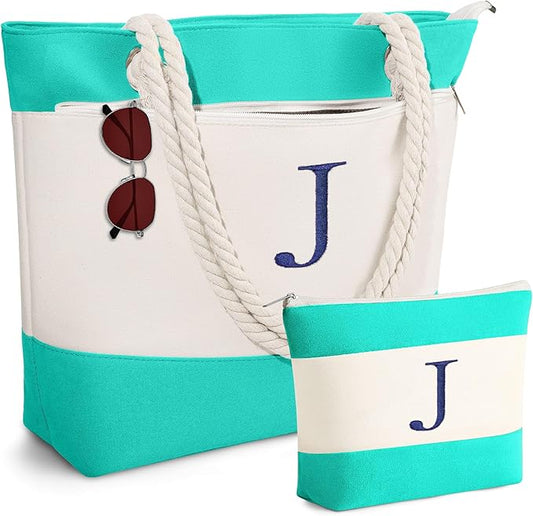 YOOLIFE Christmas Gifts for Women - Personalized Initial Canvas Beach Bags for Women Gifts for Mom Teacher Friend Birthday