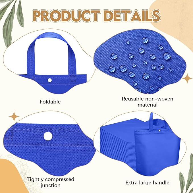 Paterr 100 Pcs Reusable Grocery Bags Bulk Shopping Tote with Handle Non Woven Portable Foldable Tote Bag Gift with Button