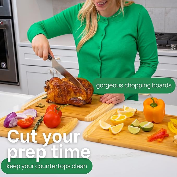 Organic Bamboo Cutting Boards for Kitchen Set of 3 with Lifetime Replacements – Premium Extra Large Wood Chopping Boards with Juice Grooves for Carving & Serving, Non-Toxic & Durable by Greener Chef