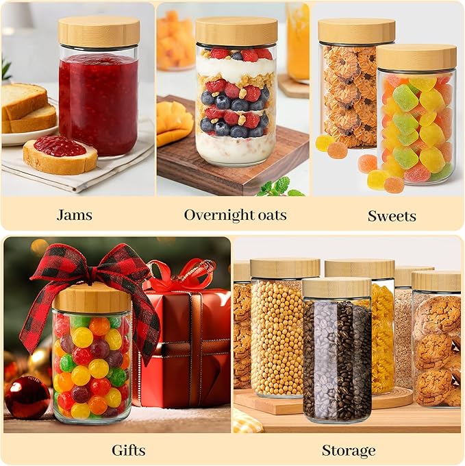 4 Pack 24oz Glass Jars with Bamboo Lids, Spoons, Airtight Overnight Oats Containers, Wide Mouth Mason Jars, Food Storage Container for Yogurt Salad Snacks Spice Sugar Meal Prep – Reusable