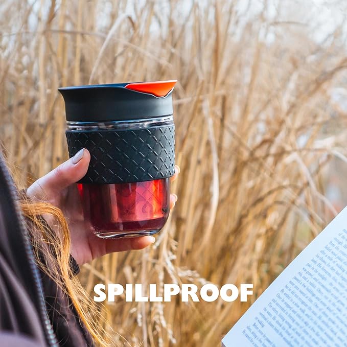 Travel Mug Loose Tea Infuser - Detachable Tea Strainer with Spillproof Lid - BPA-Free Reusable Glass Travel Coffee Cup with Silicone Band (Gray and Pink, 12oz)