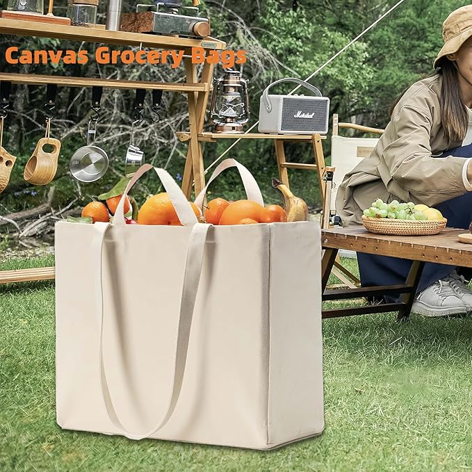 LINICE Canvas Tote Bag Reusable Grocery Bags with Long Shoulder Strap and Short Handle Foldable Heavy Duty Washable (6 Pack)