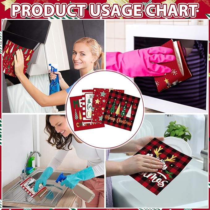 Sunnyray 24 Pcs Swedish Kitchen Dish Cloths Kitchen Towels Reusable Sponge Cleaning Cloths Wipes Absorbent Washable Dish Rags for Bathroom Cleaning(Red,Groovy Style)