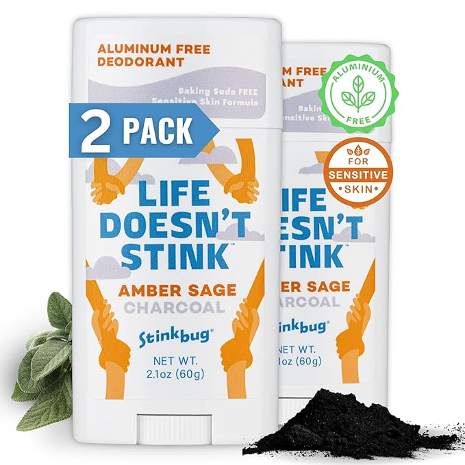 Stinkbug Naturals Organic Aluminum Free Deodorant Stick with Amber Sage, Coconut Oil and Activated Charcoal, Paraben Free, Sensitive Skin Deodorant, 2.1 Ounces Pack of 2