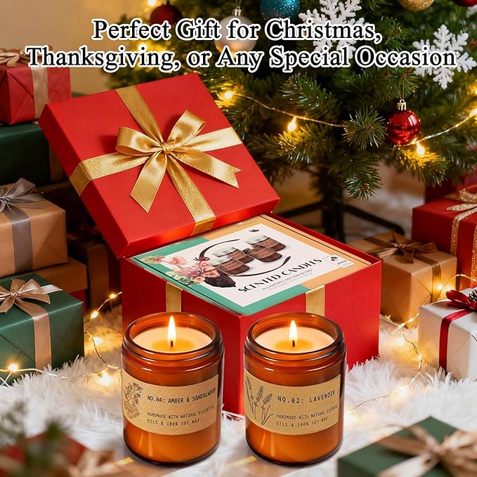 Christmas Candle Gifts for Women – Large 36 oz Scented Candle Gift Set, Natural Soy Wax Amber Jar Candles with Lavender & Sage, 4-Pack Aromatherapy Set
