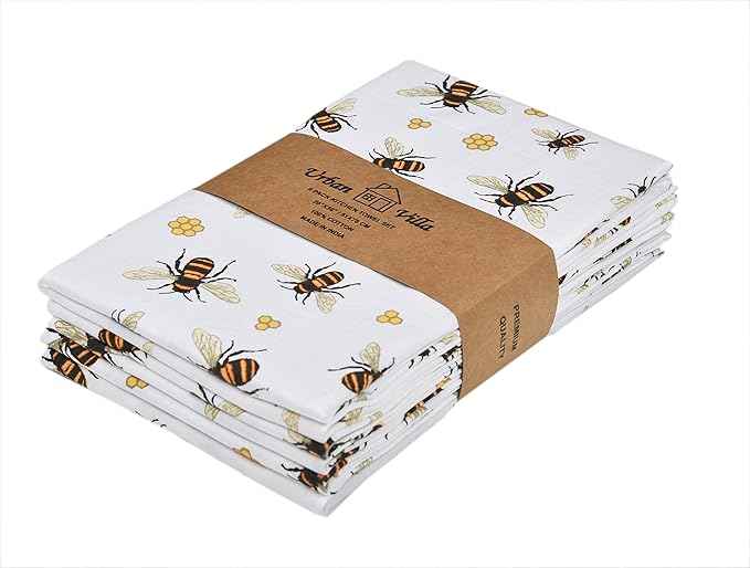 Urban Villa Cotton Kitchen Towels, Honey Bee Print Multi Color, Premium Quality,100% Cotton Dish Towels, Mitered Corners,(Size: 20X30 Inch), Highly Absorbent Bar Towels & Tea Towels - (Set of 6)