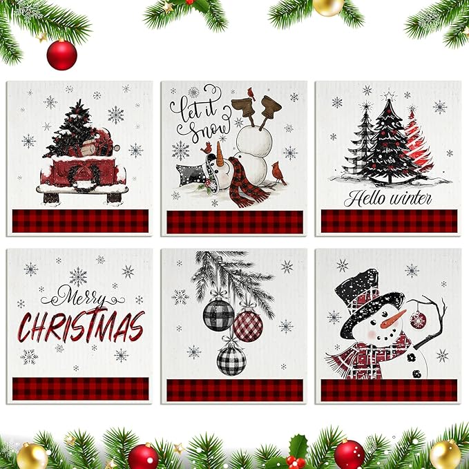 Yungyan 6 Pcs Swedish Christmas Dishcloths Reusable Kitchen Table Dishcloths Xmas Dish Towels Absorbent Cleaning Cloth Fast Dry Dishcloth for Kitchen Washing Dishes Bathroom Office Hand Towel Cleaning