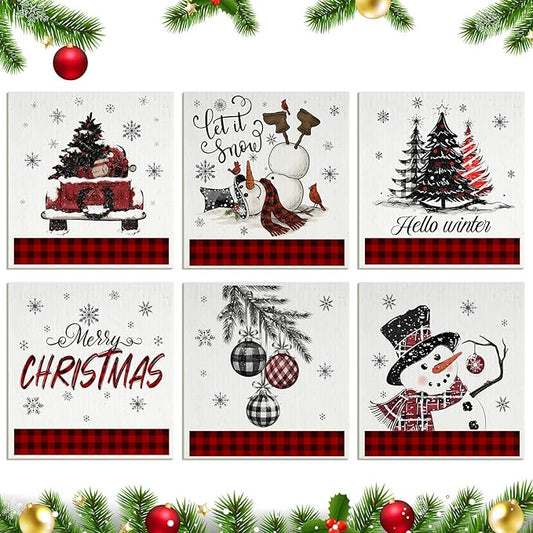 Yungyan 6 Pcs Swedish Christmas Dishcloths Reusable Kitchen Table Dishcloths Xmas Dish Towels Absorbent Cleaning Cloth Fast Dry Dishcloth for Kitchen Washing Dishes Bathroom Office Hand Towel Cleaning