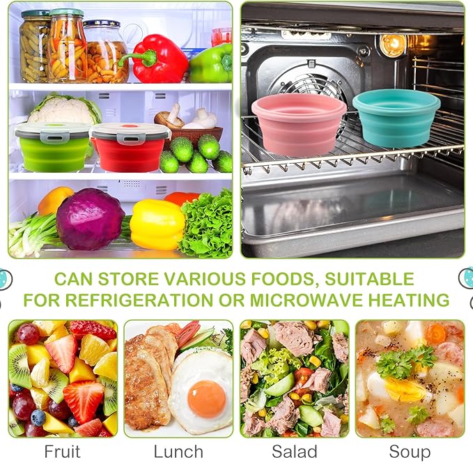 Suclain 4 Pcs Collapsible Bowls with Lids Silicone Camping Food Storage Container Expandable Folding Salad Lunch Box Travel Container for Hiking Camping(Red, Pink, Blue, Green,41 oz)