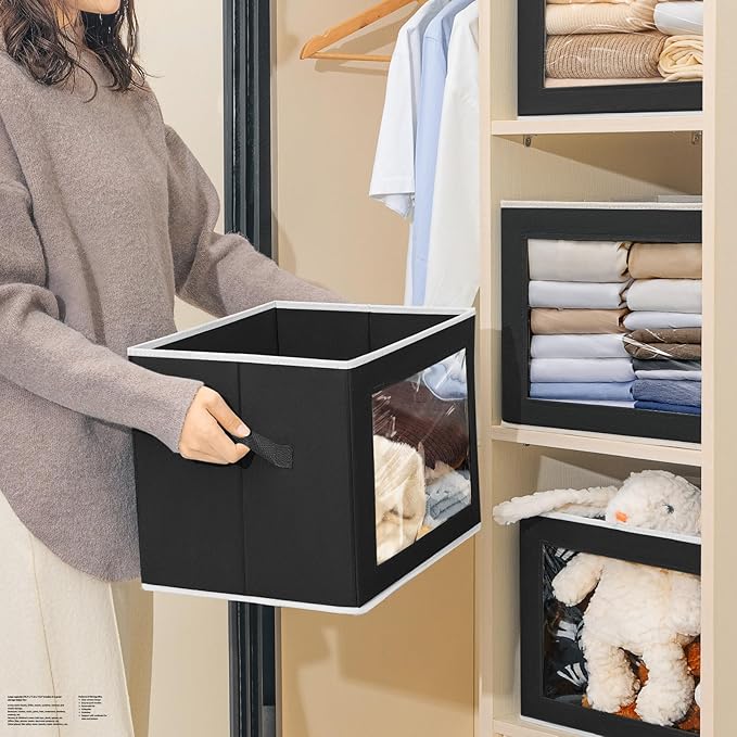 Storage Bins with Lids, 4 Pack Large Storage Cubes with Window, Closet Bins with Lids & Handles, Fabric Box for Organizing Clothes, Towels, Books, Black