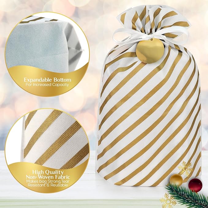 Fabric Gift Bags for Christmas Presents - 6 Pcs Drawstring Fabric Bags, Large Christmas Gift Bags for Presents, Reusable Gift Wrap Bags for Gifts (Gold, Assorted Sizes)