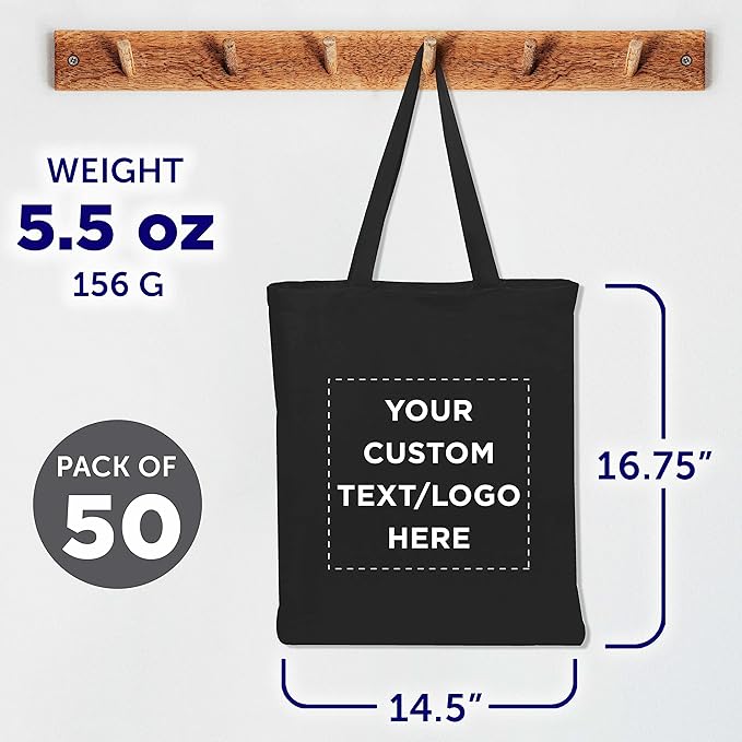 DISCOUNT PROMOS Custom Cotton Canvas Tote Bags Set of 50, Personalized Bulk Pack - Reusable, Great for Shopping, Grocery, Beach, Picnic, Wedding Favors - Black