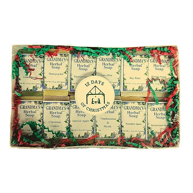 Grandma’s 12 Days of Christmas Soap Sampler – Limited Holiday Collection (12 Handmade Herbal Bars, 1.5 oz Each)