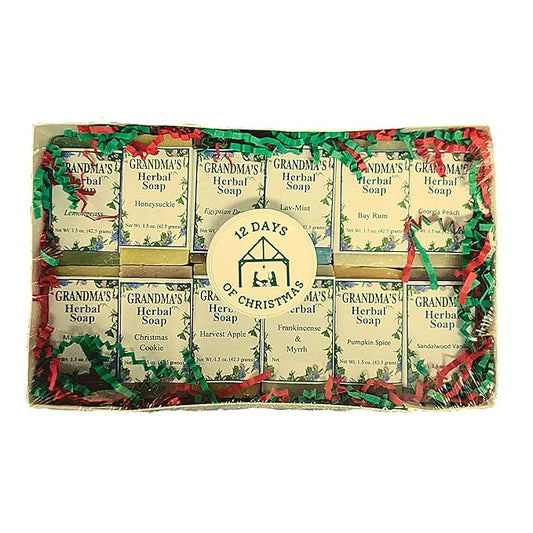 Grandma’s 12 Days of Christmas Soap Sampler – Limited Holiday Collection (12 Handmade Herbal Bars, 1.5 oz Each)
